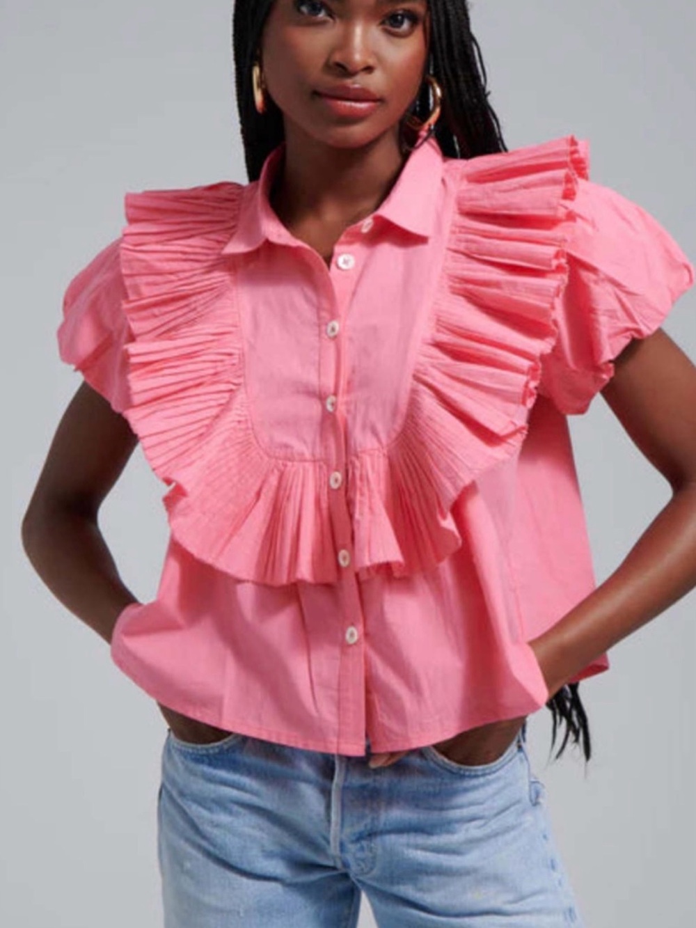 Love the label Pink Ruffle-Trim Button Front Women's Top